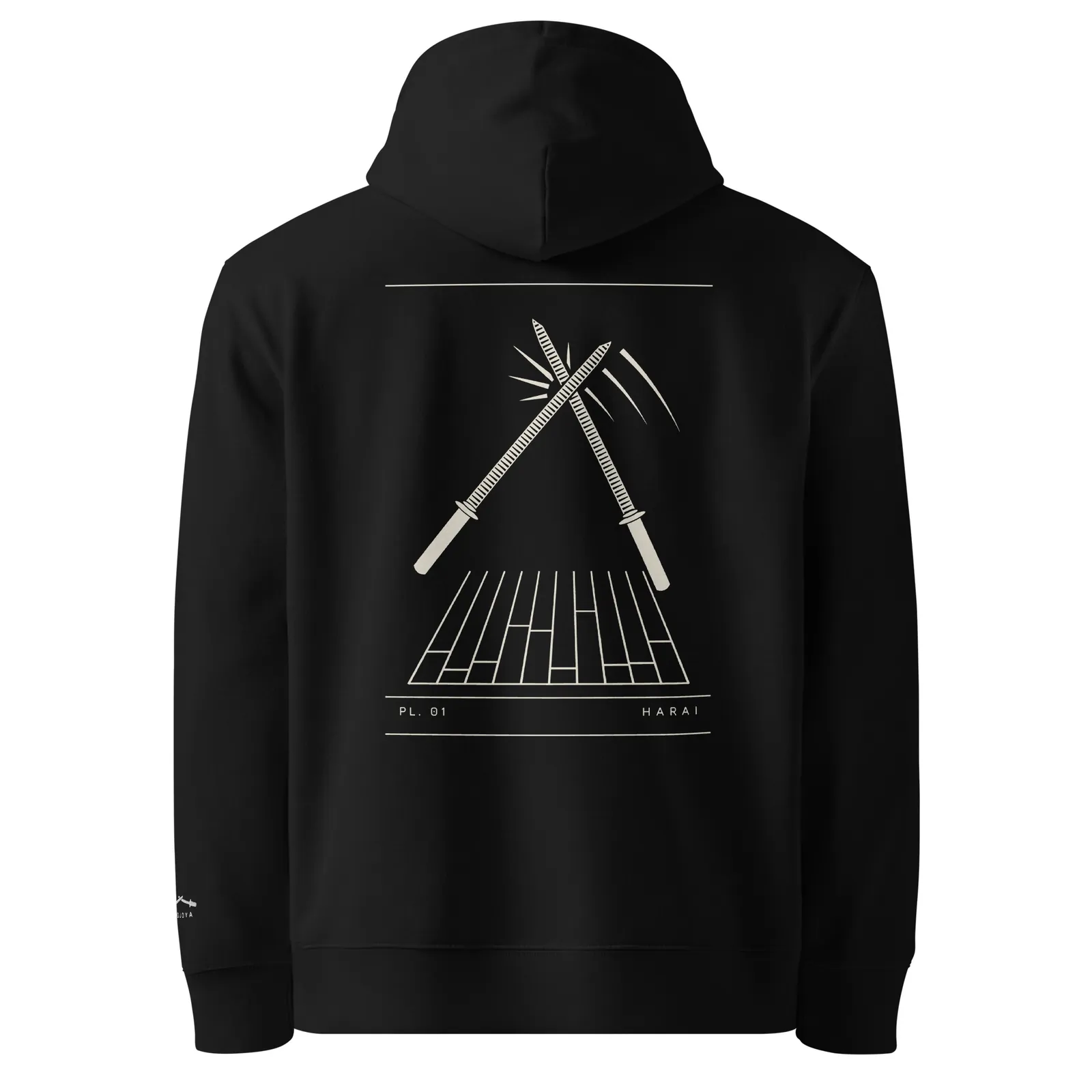 Hoodie noir vu de dos, planche PL. 01 Harai imprimée en crème
