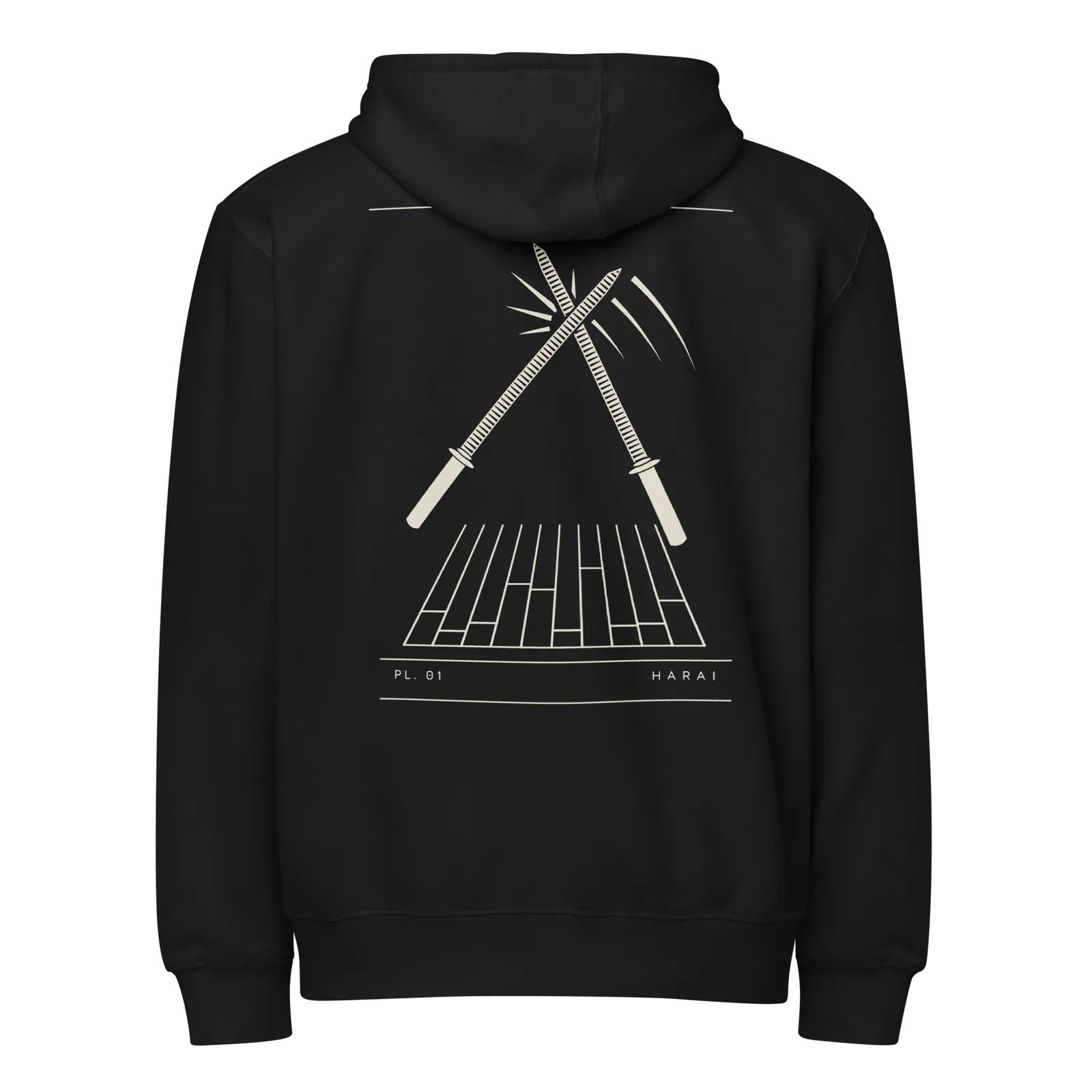 Hoodie zippé noir vu de dos, planche PL. 01 Harai imprimée en crème