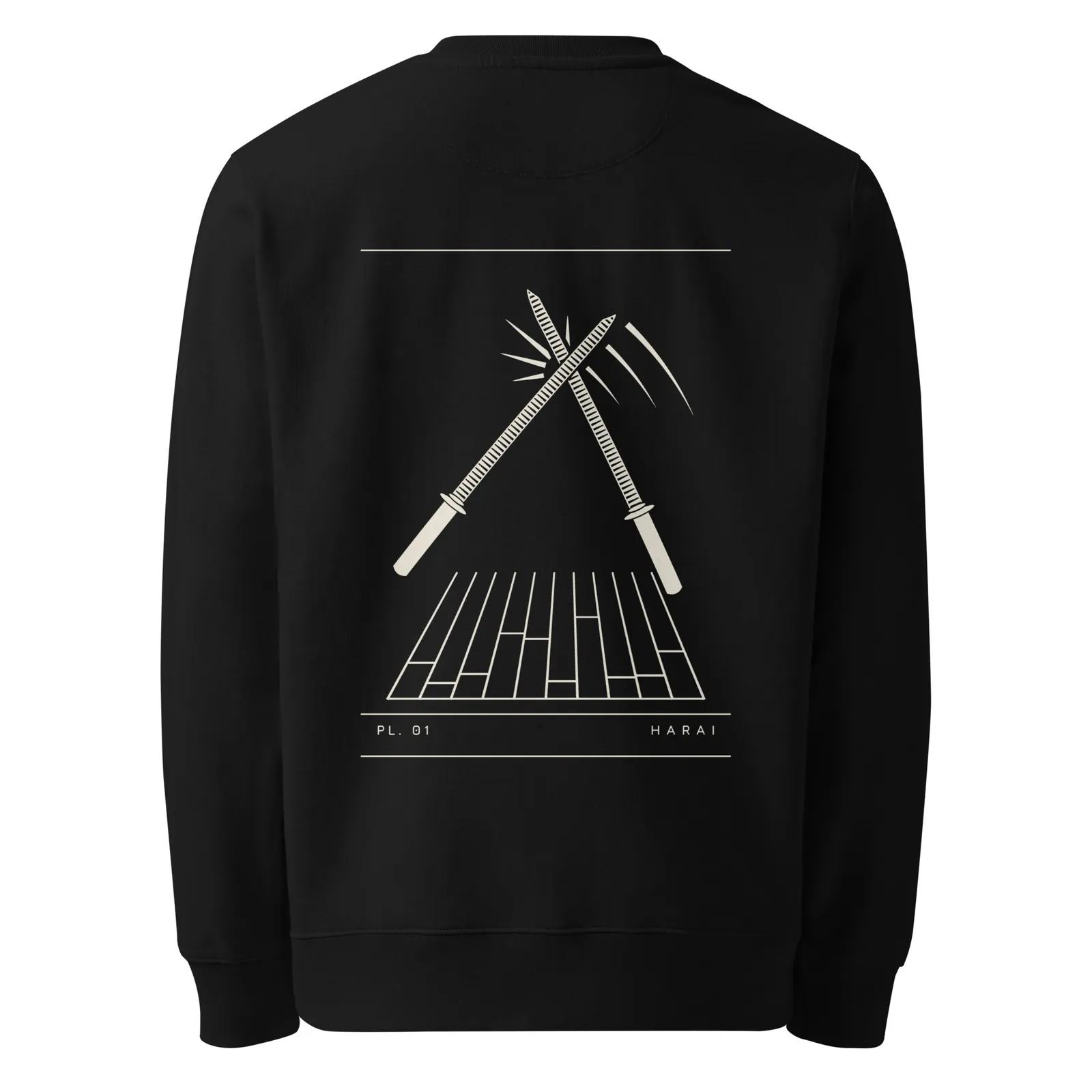 Sweat col rond noir vu de dos, planche PL. 01 Harai imprimée en crème