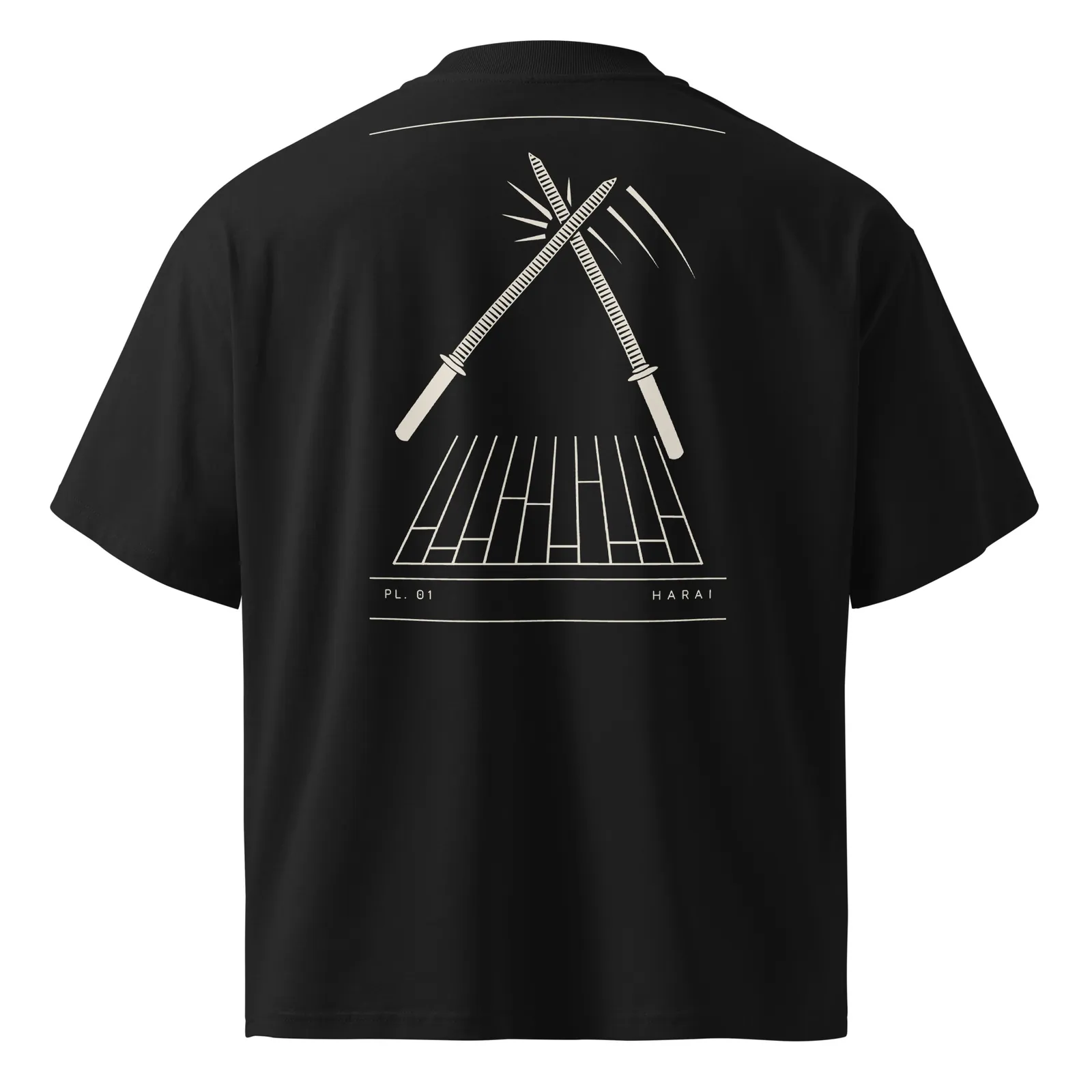 T-shirt noir vu de dos, planche PL. 01 Harai imprimée en crème