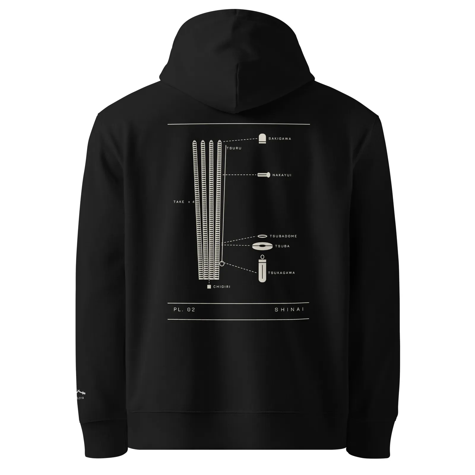 Hoodie noir vu de dos, planche PL. 02 Shinai imprimée en crème