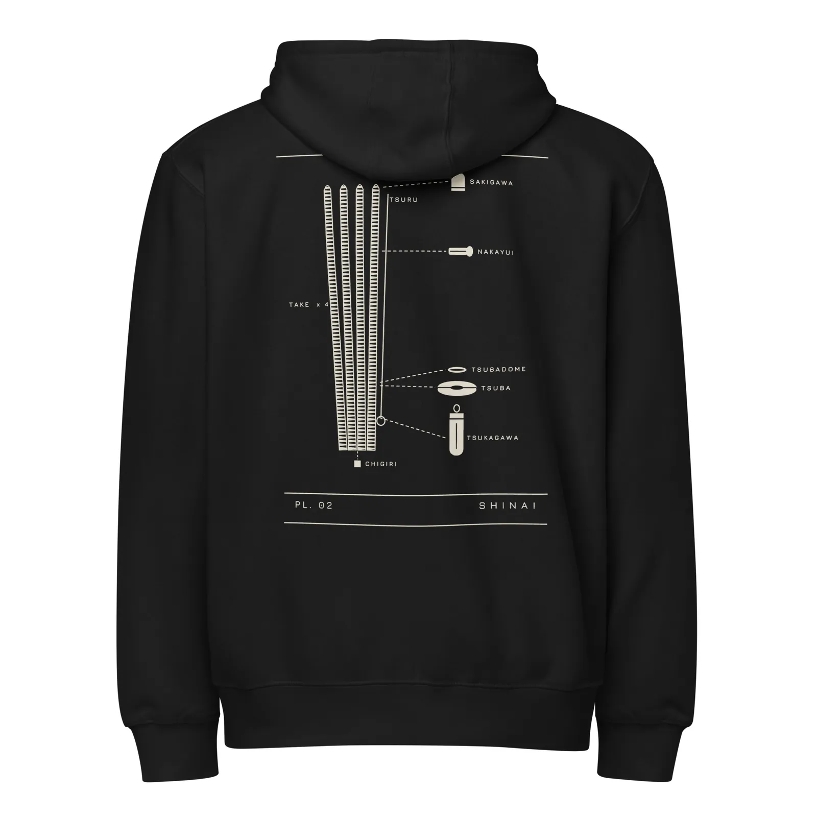 Hoodie zippé noir vu de dos, planche PL. 02 Shinai imprimée en crème