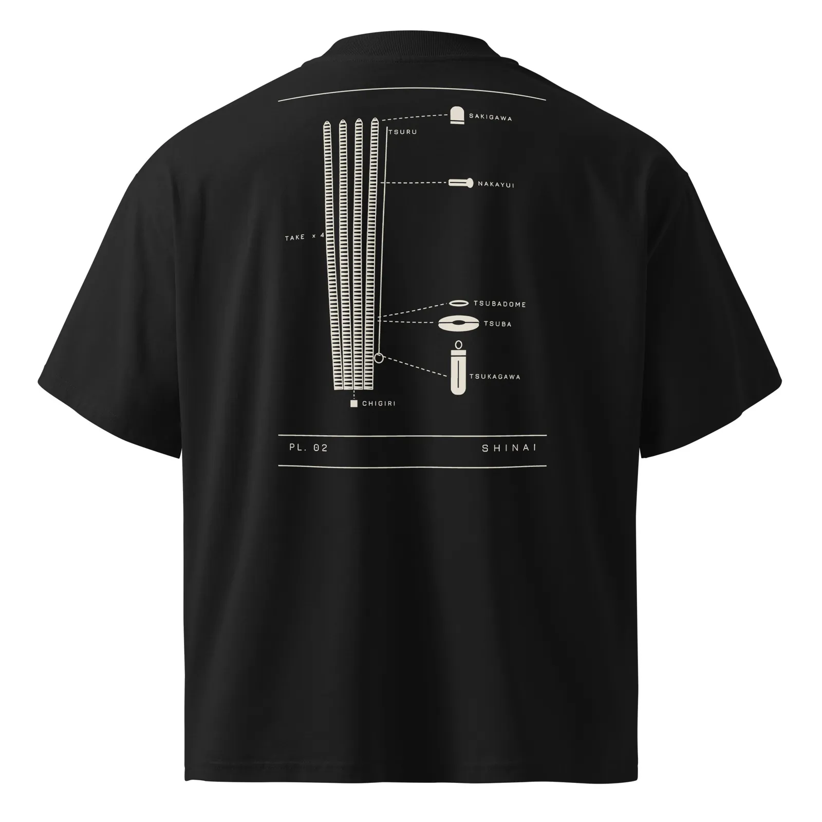 T-shirt noir vu de dos, planche PL. 02 Shinai imprimée en crème