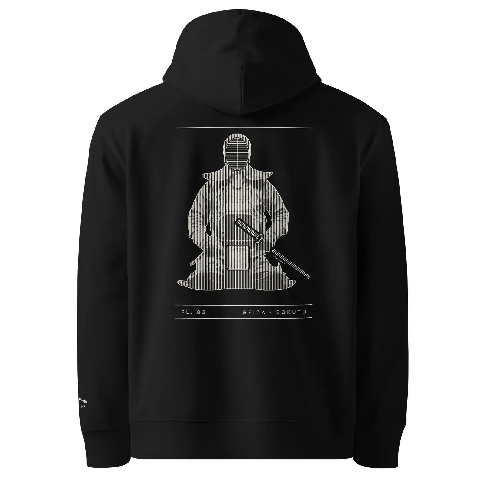 Hoodie noir vu de dos, planche PL. 03 Seiza · Bokuto imprimée en crème
