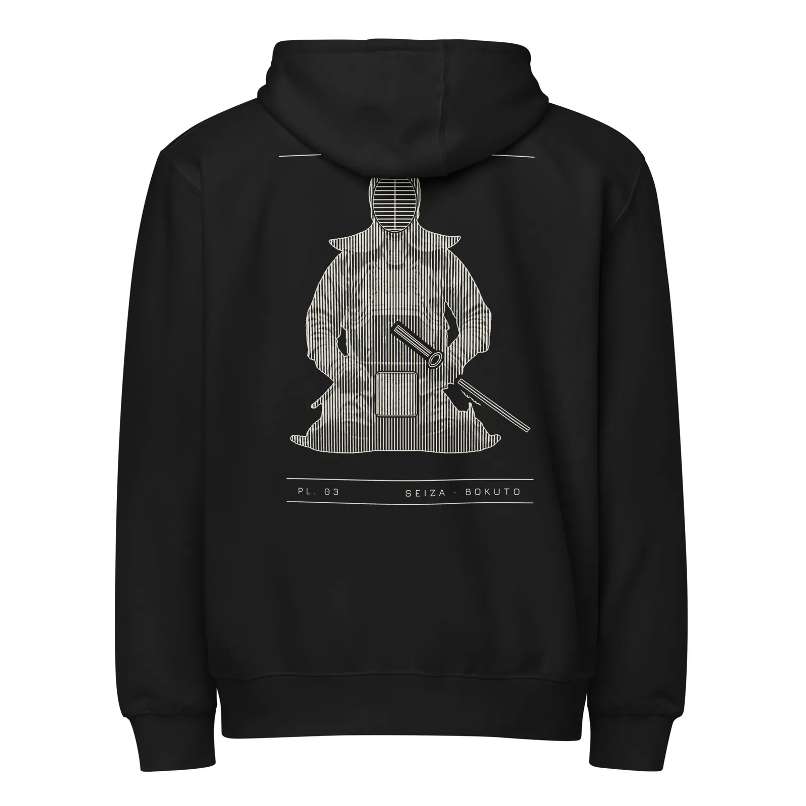 Hoodie zippé noir vu de dos, planche PL. 03 Seiza · Bokuto imprimée en crème