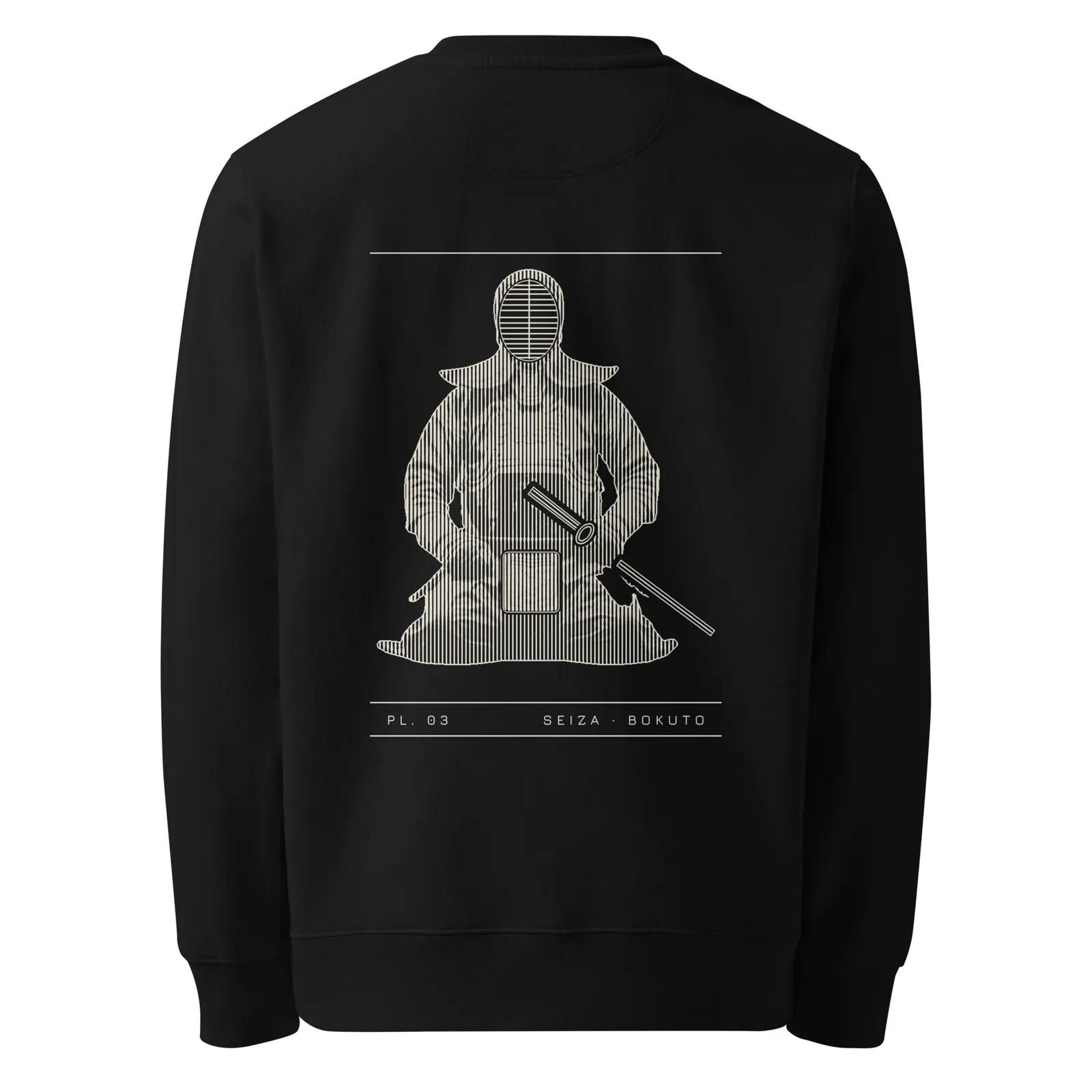 Sweat col rond noir vu de dos, planche PL. 03 Seiza · Bokuto imprimée en crème