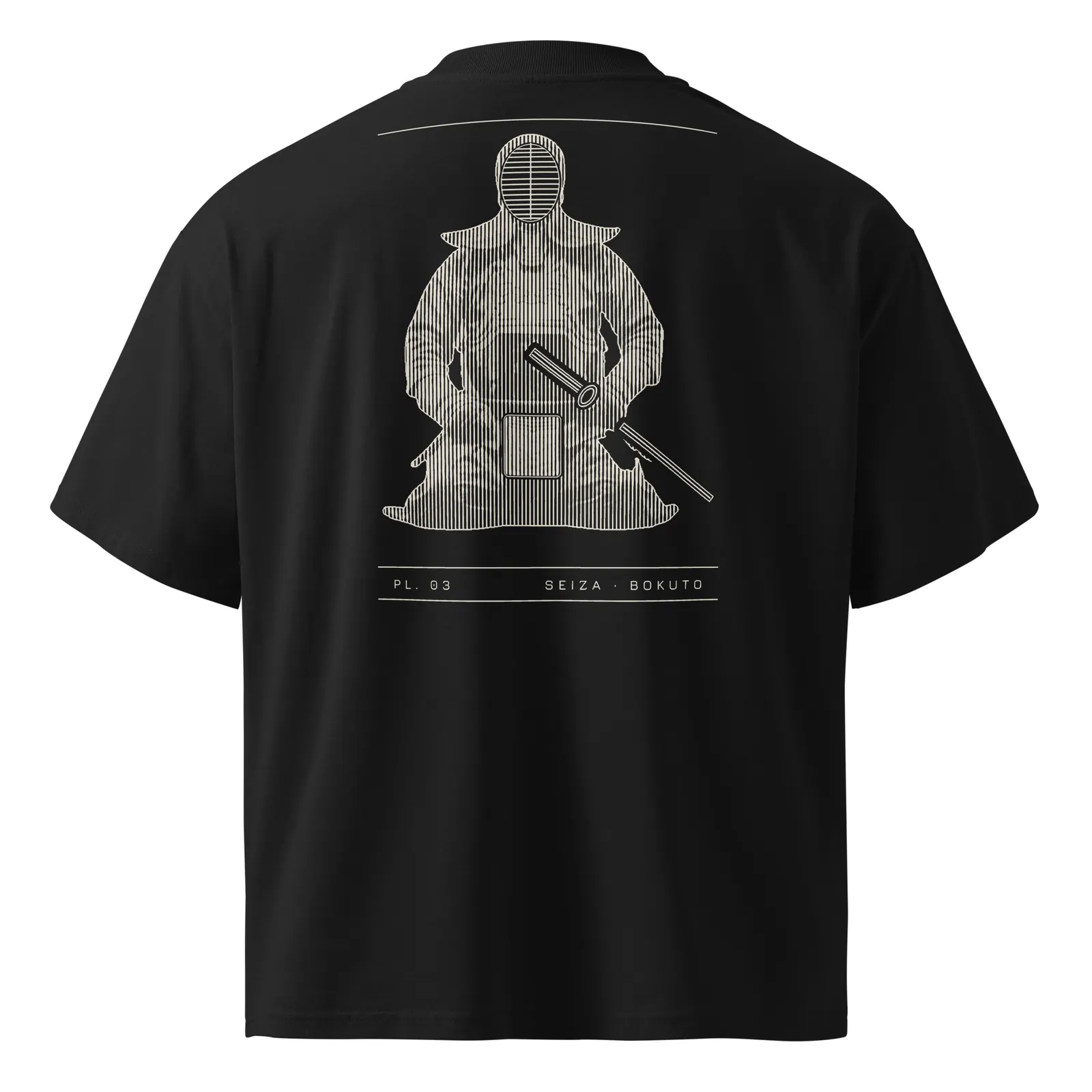 T-shirt noir vu de dos, planche PL. 03 Seiza · Bokuto imprimée en crème