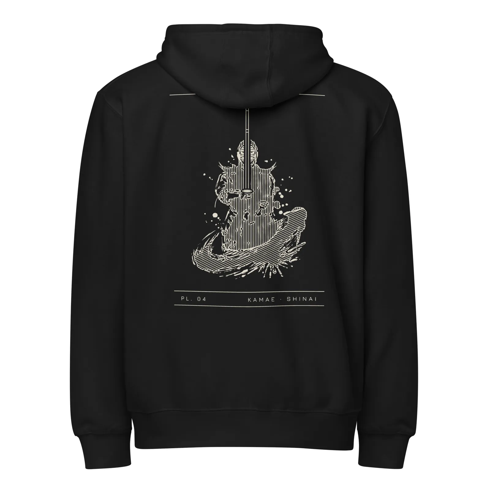 Hoodie zippé noir vu de dos, planche PL. 04 Kamae · Shinai imprimée en crème