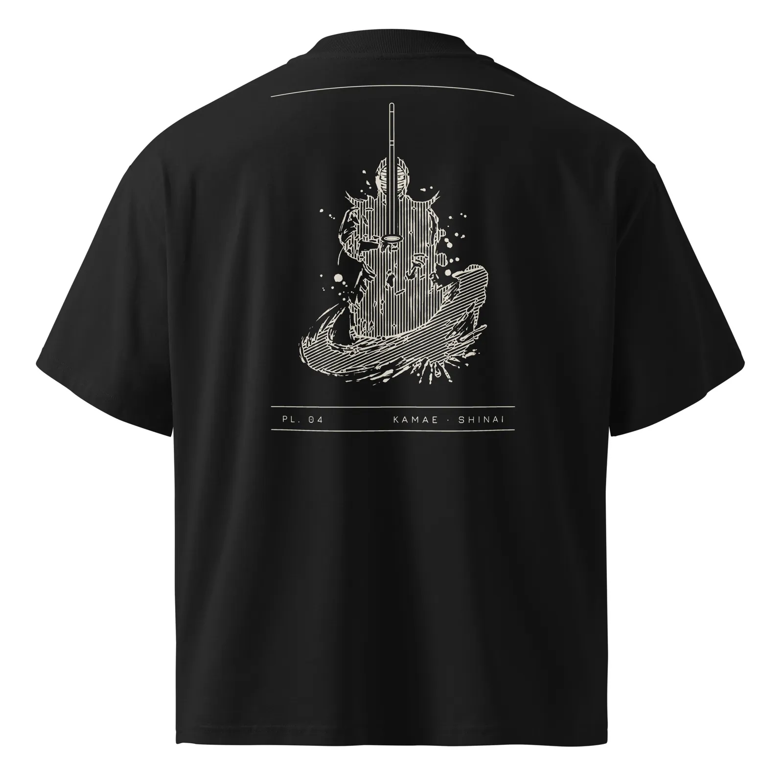 T-shirt noir vu de dos, planche PL. 04 Kamae · Shinai imprimée en crème