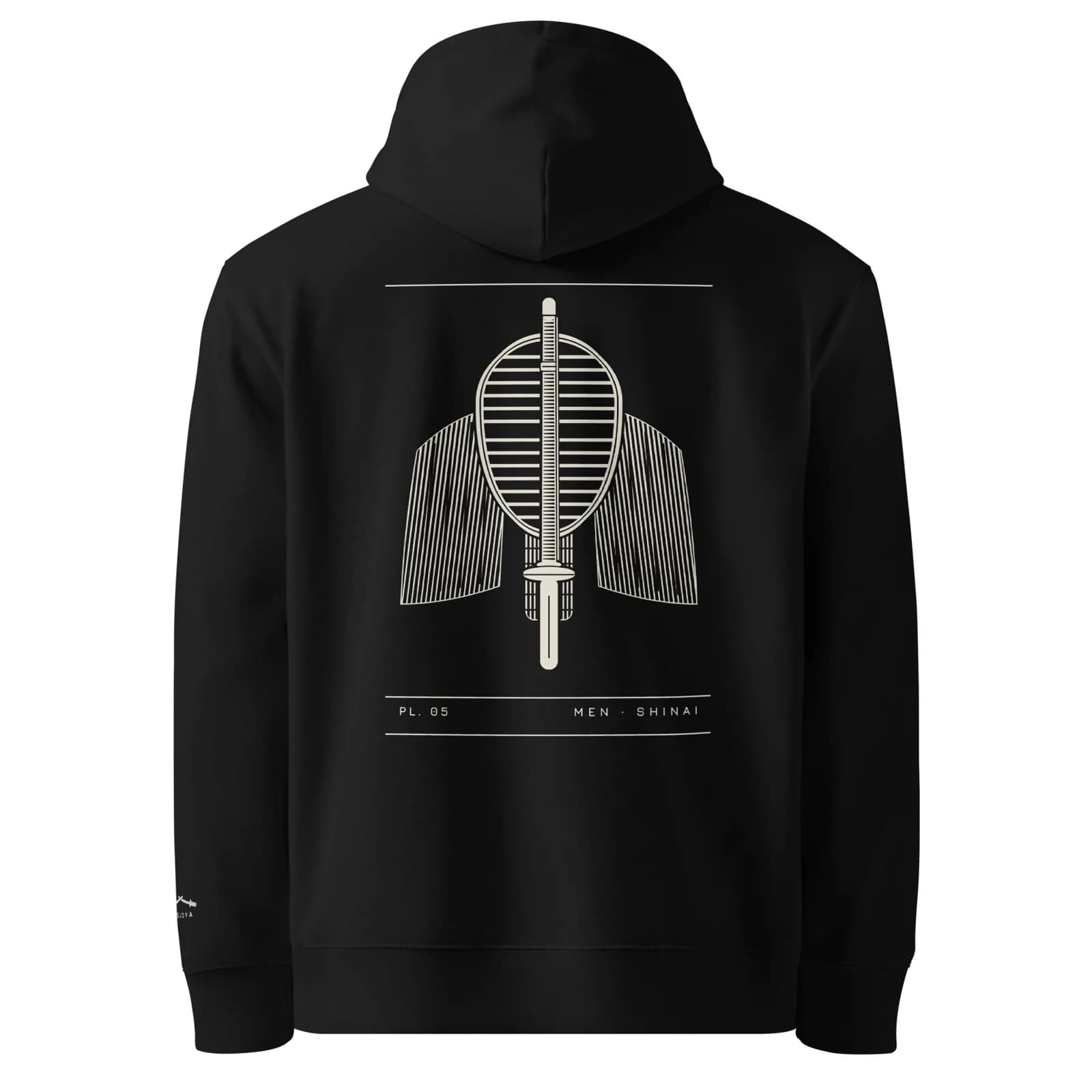 Hoodie noir vu de dos, planche PL. 05 Men · Shinai imprimée en crème
