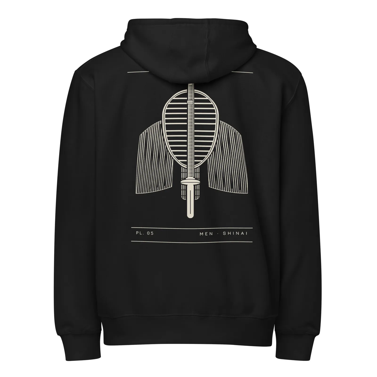 Hoodie zippé noir vu de dos, planche PL. 05 Men · Shinai imprimée en crème