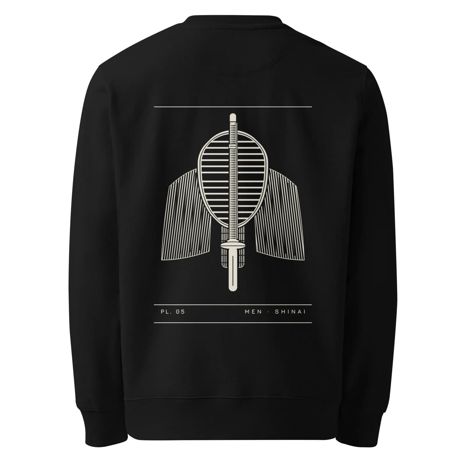 Sweat col rond noir vu de dos, planche PL. 05 Men · Shinai imprimée en crème