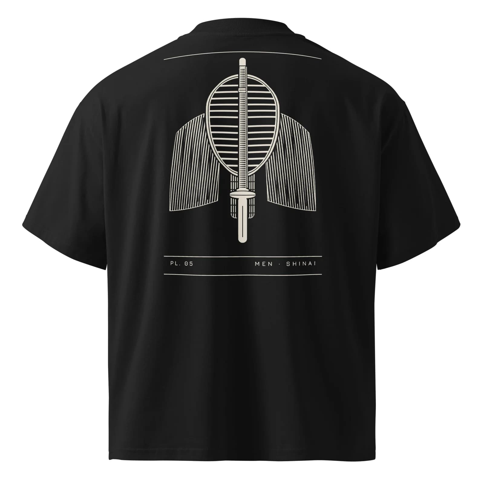 T-shirt noir vu de dos, planche PL. 05 Men · Shinai imprimée en crème